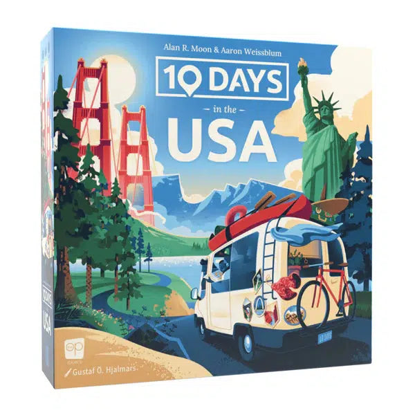 10 Days in the USA - a game by the Op Games. A scenic image of the Golden Gate Bridge connected by mountains to the Statue of Liberty with a approaching them ready for adventure.