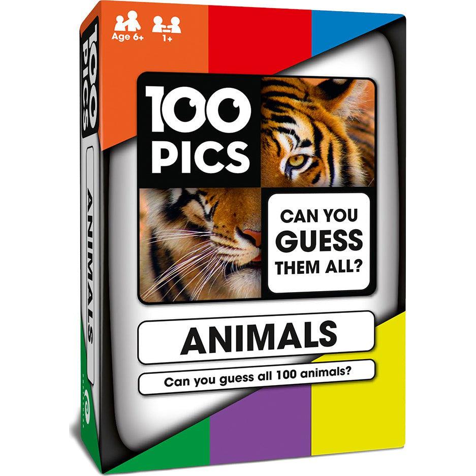 Box of "100 Pics" puzzle game featuring an animal theme with a tiger image and the text "Can you guess them all?" This engaging experience serves as a delightful mix of memory and vocabulary challenges, reminiscent of classic flash card games.