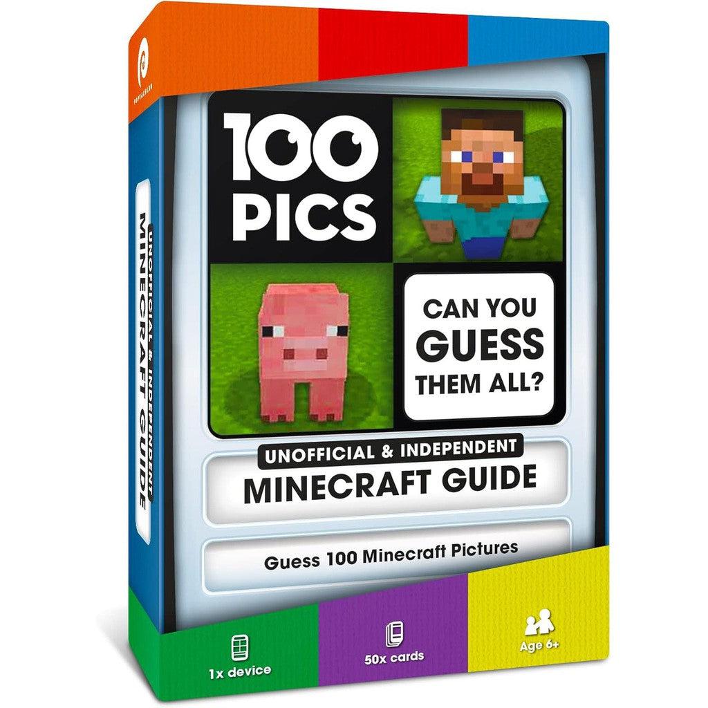 Box cover of "100 Pics: Unofficial &amp; Independent Minecraft Guide" with images of a Minecraft character and pig, along with the text "Can You Guess Them All?" and "Guess 100 Minecraft Pictures." Dive into this card game adventure with flash cards full of fun challenges!.