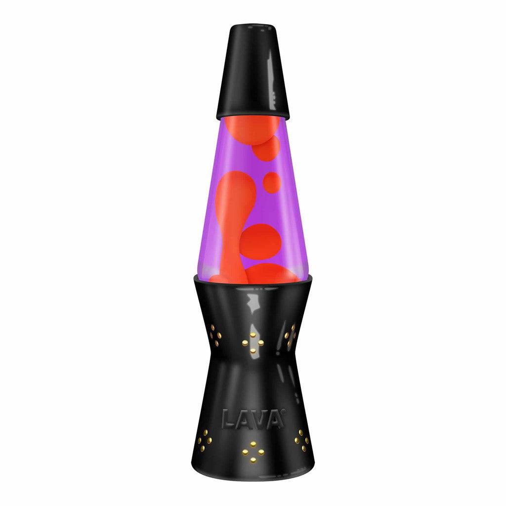 A Candle Light lava lamp with red wax blobs in purple liquid features a globe-flowing motion, creating a mesmerizing effect atop its elegant black glazed ceramic base.