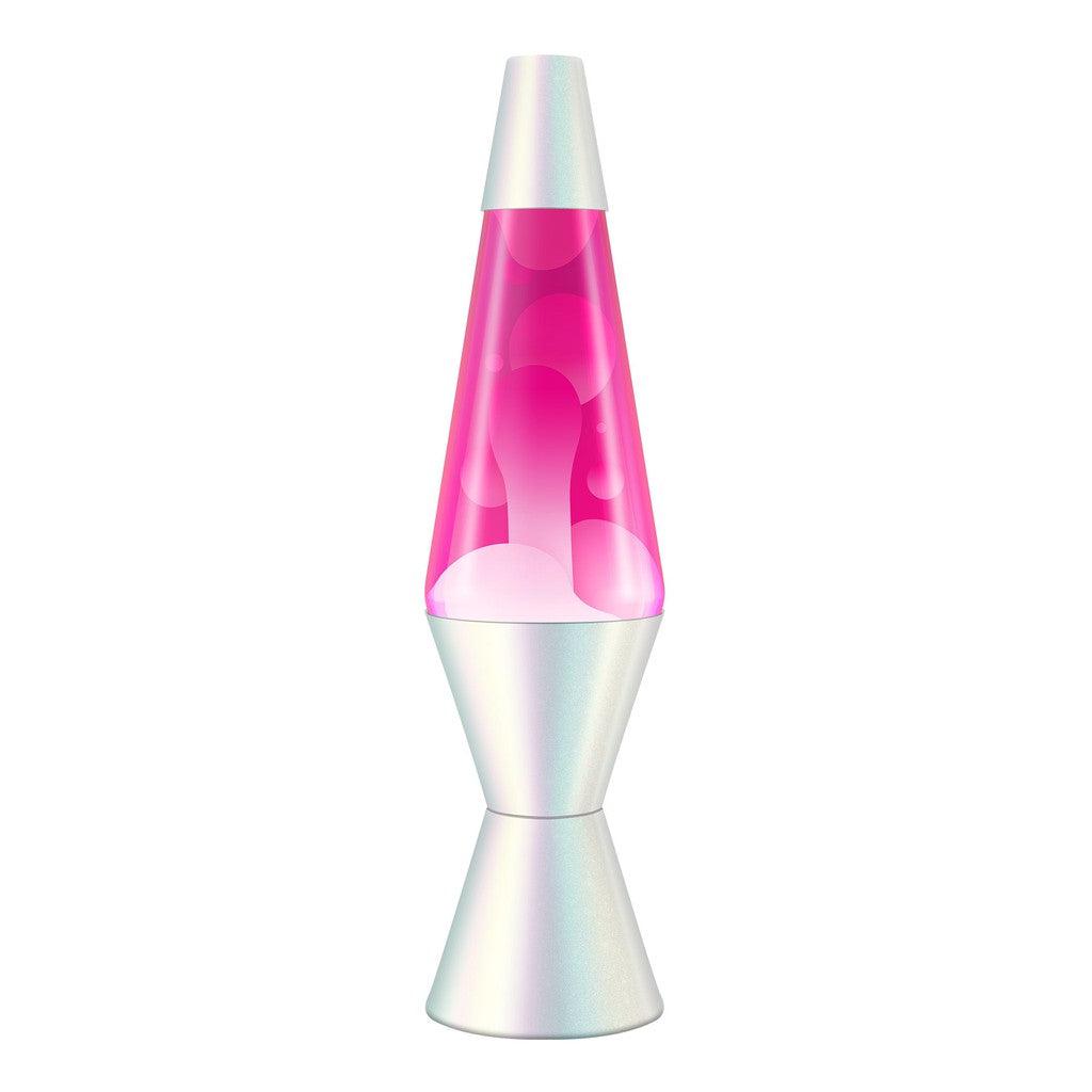 A pink motion lamp with glowing wax blobs inside a sleek silver base and cap creates a soothing ambiance.