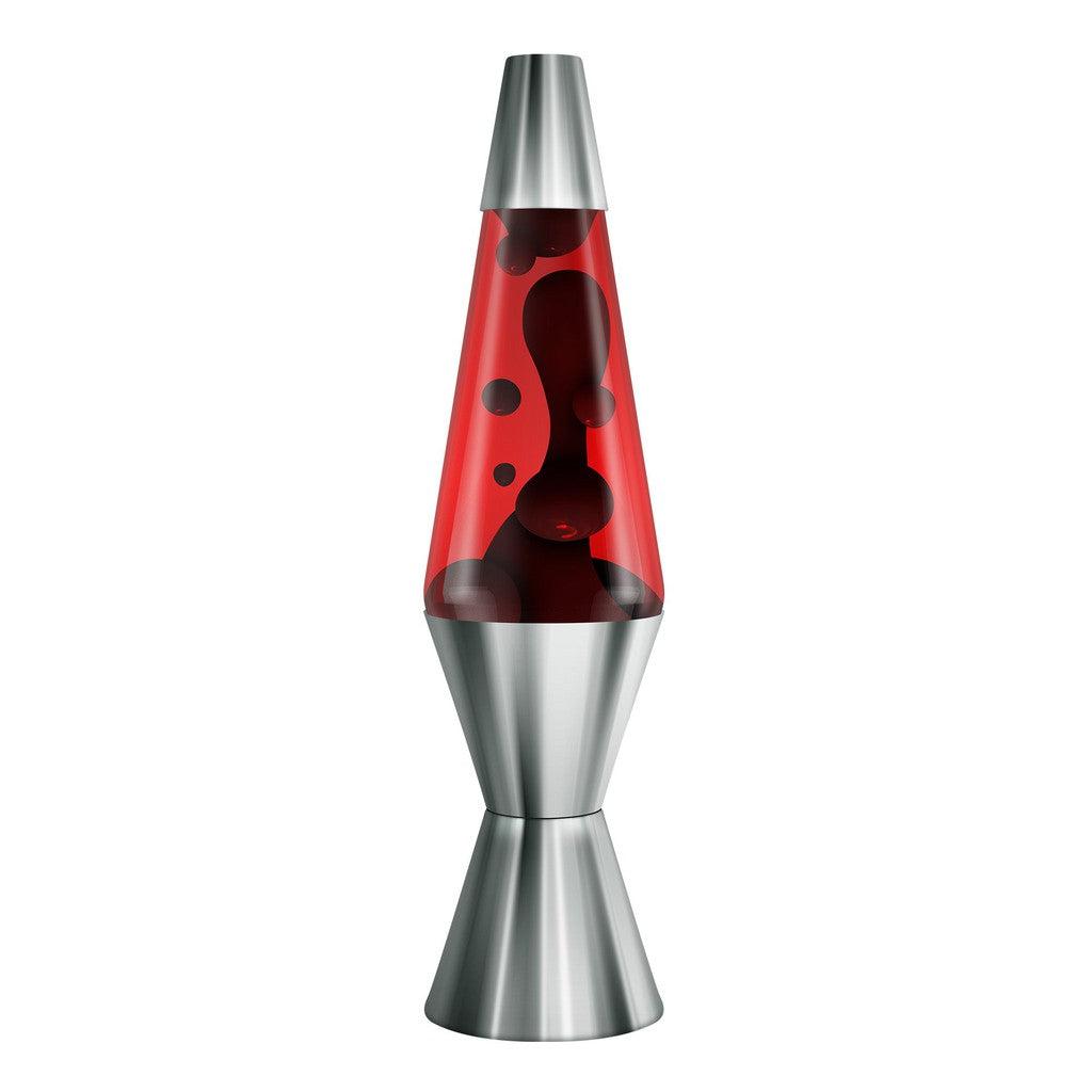 A silver motion lamp with red liquid and black wax blobs inside creates a soothing ambiance.