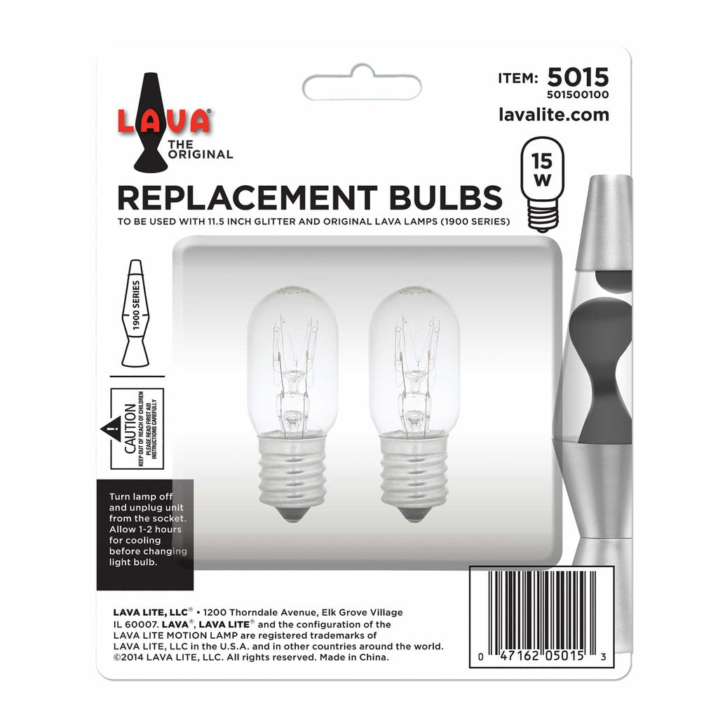 Packaging for replacement bulbs, specifically designed for Original Lava lamps, model 5015. Contains two bulbs with specifications and safety instructions printed on the back.