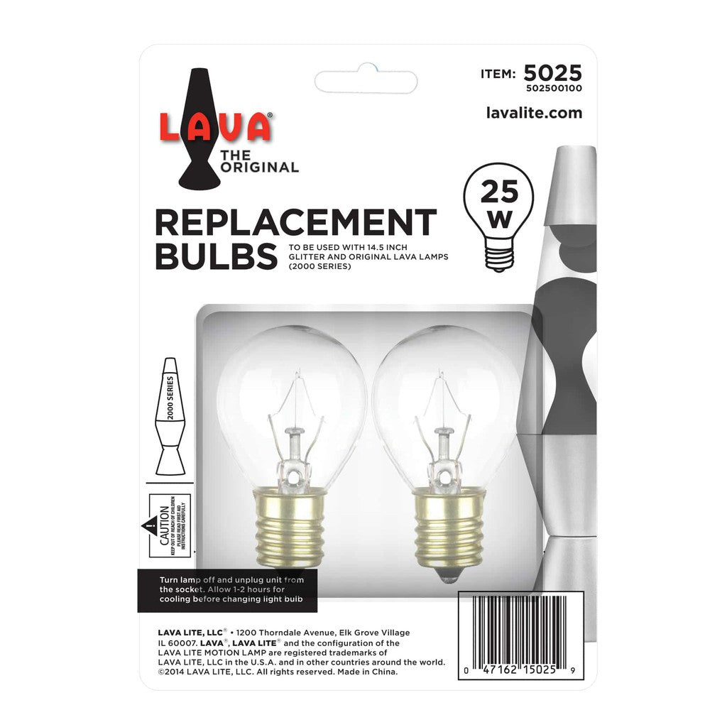 This package contains two 25-watt replacement bulbs, perfect for keeping your Lava Lamps glowing brightly. Showcased in clear plastic casing on a pristine white background, these bulbs are essential for maintaining the iconic ambiance of your space.