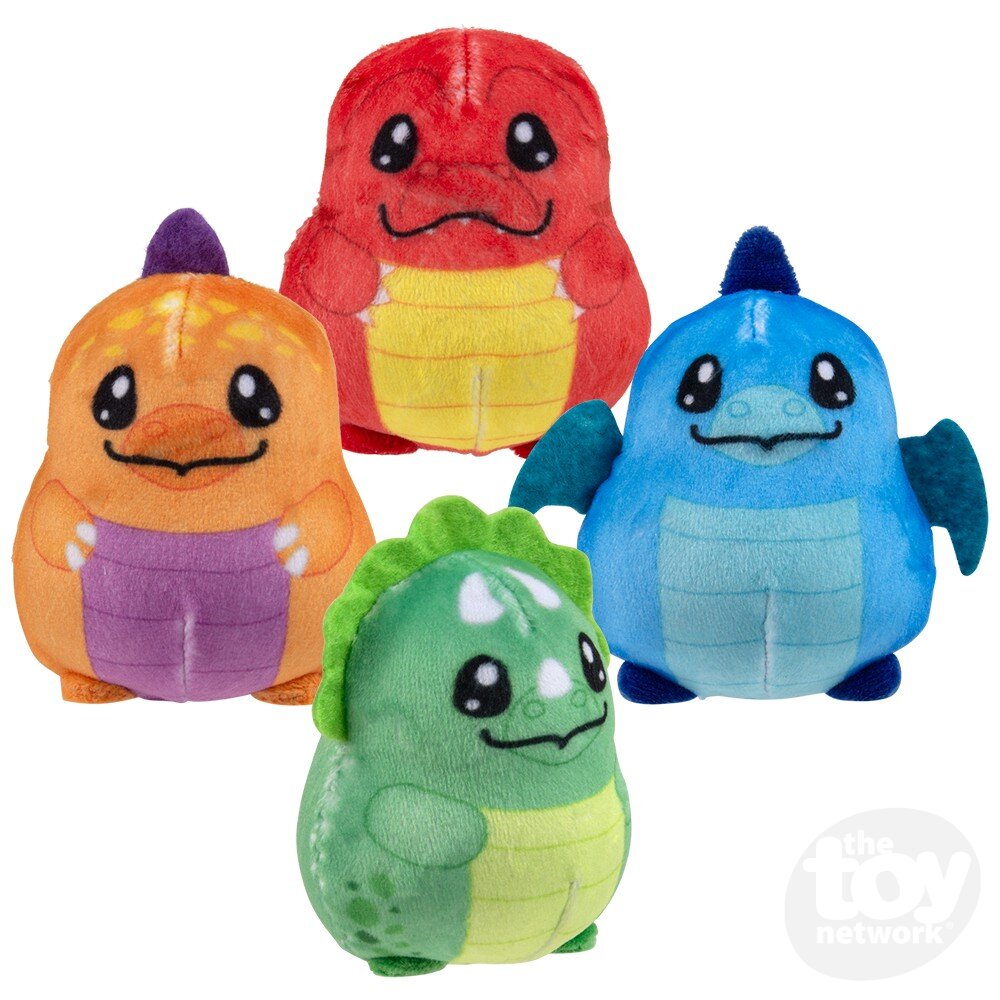 The Squeeze Sugar Plush Dinosaurs come in a charming display box, featuring four cuddly dinosaurs in red, orange, blue, and green. Each dino is designed with cheerful expressions, perfect for fidgety hands to squeeze and enjoy.