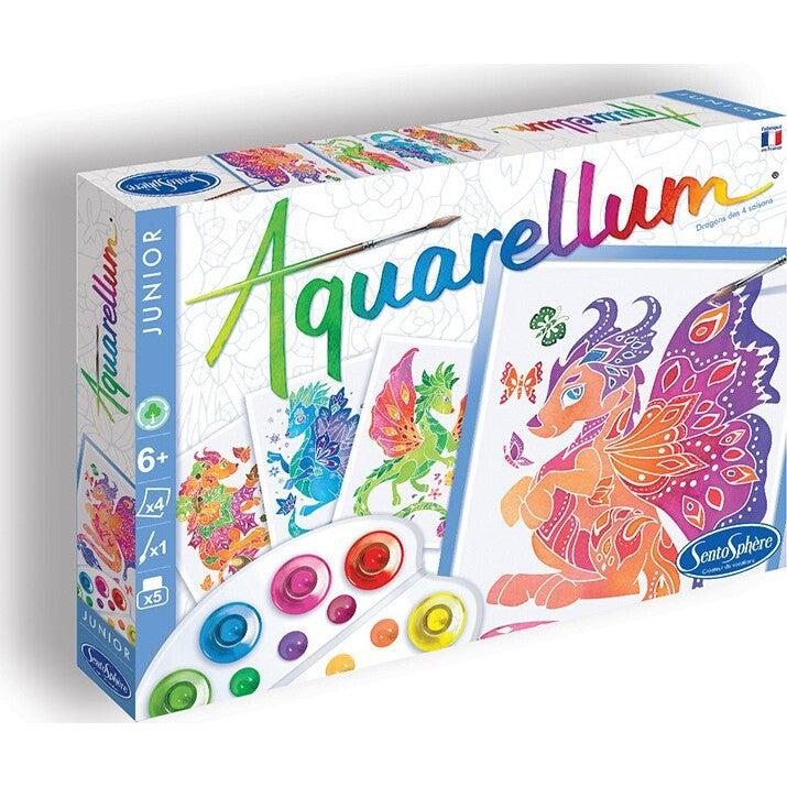 The Aquarellum Junior art kit box invites children to create masterpieces with its colorful illustrations of mythical creatures and vibrant paint palettes. Suitable for ages 6 and up.