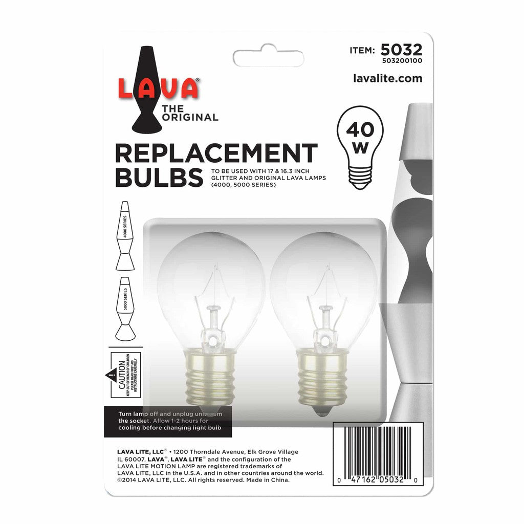 Package of two original LAVA lamps 40-watt replacement bulbs, compatible with models 6000 and 5000 series.