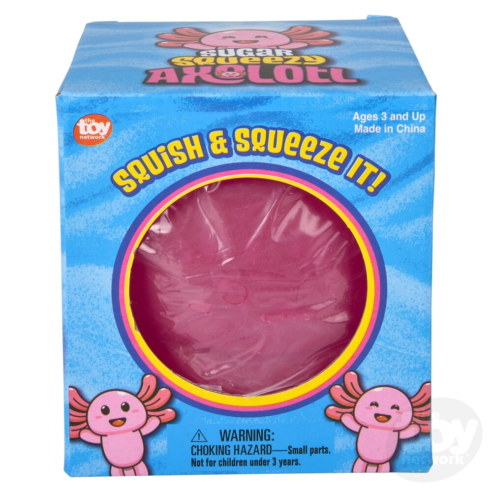 Blue box with transparent window displaying a pink toy. Text reads "Squish &amp; Squeeze It!" and features axolotl illustrations. Warning: Choking hazard for children under 3.