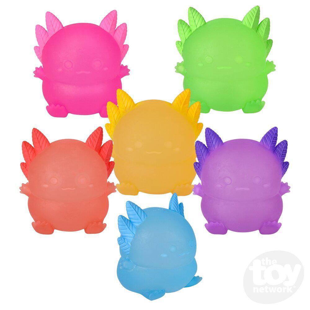 six different colored axolotl squeezy toys