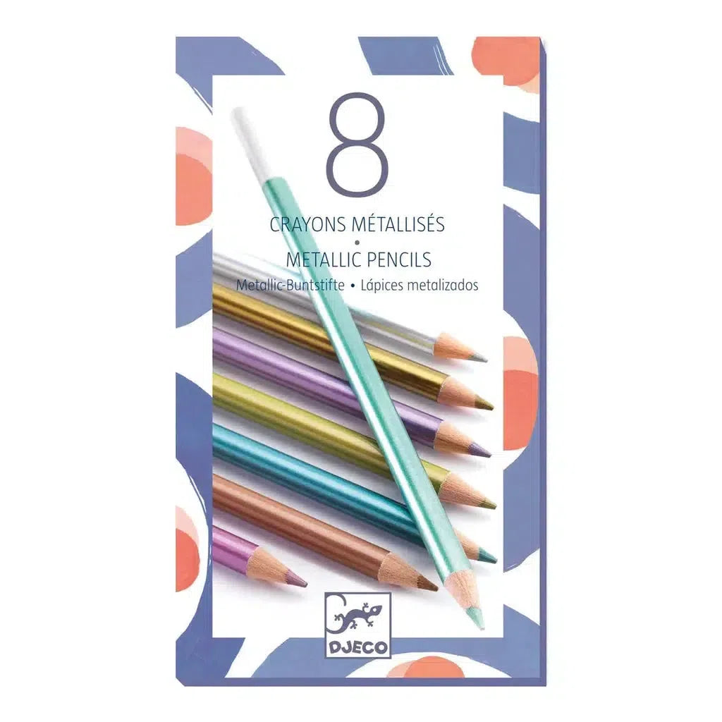 A box of eight colored pencils with a captivating metallic sheen, featuring an array of colors and one pencil displayed outside. The box showcases a blue and orange geometric design, proudly stating "8 Metallic Pencils" in multiple languages.