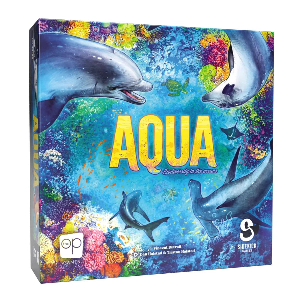 Box cover of the board game "Aqua: Suddenly in the Ocean," showing detailed underwater scenery with dolphins, fish, and colorful coral reefs.