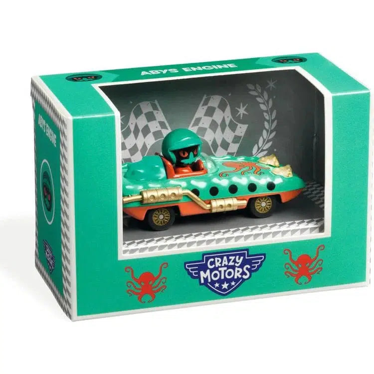 The toy car features a green and orange design with a driver, housed in a "Crazy Motors" box adorned with intricate designs and checkered flags. Equipped with an Abys Engine for thrilling speed, its super-powerful headlights shine bright on any adventure.