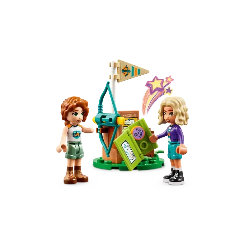 Two toy figures with a bow and arrow set stand proudly on a colorful platform, reminiscent of a LEGO building set, complete with flags and a star emblem. Perfect for pretend-play adventures, this scene inspires creativity and imagination in young explorers.