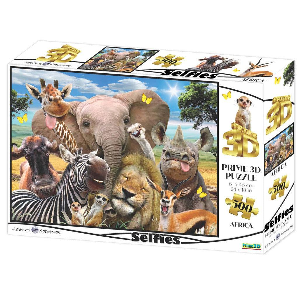 Introducing the "Africa Selfie" puzzle box by Prime 3D Ltd, showcasing a vibrant 3D image of beloved African animals like elephants and lions, among others. This 500-piece set guarantees hours of engaging fun with its playful depiction labeled "Selfies.