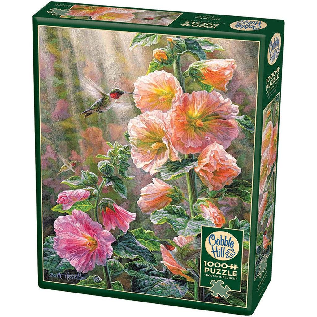 1000 pc puzzle of hummingbirds enjoying some freshly watered flowers