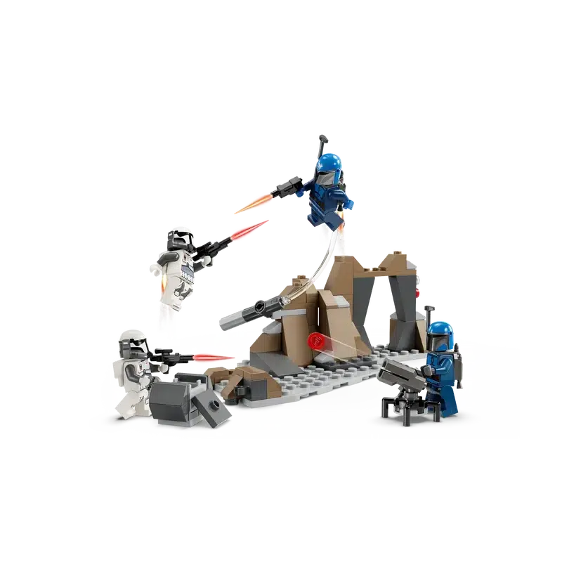 LEGO figures recreate an epic Star Wars battle scene, where The Mandalorian and a trooper in helmets and armor face off against two opposing figures in blue jetpacks amidst rocky terrain with blasters blazing.