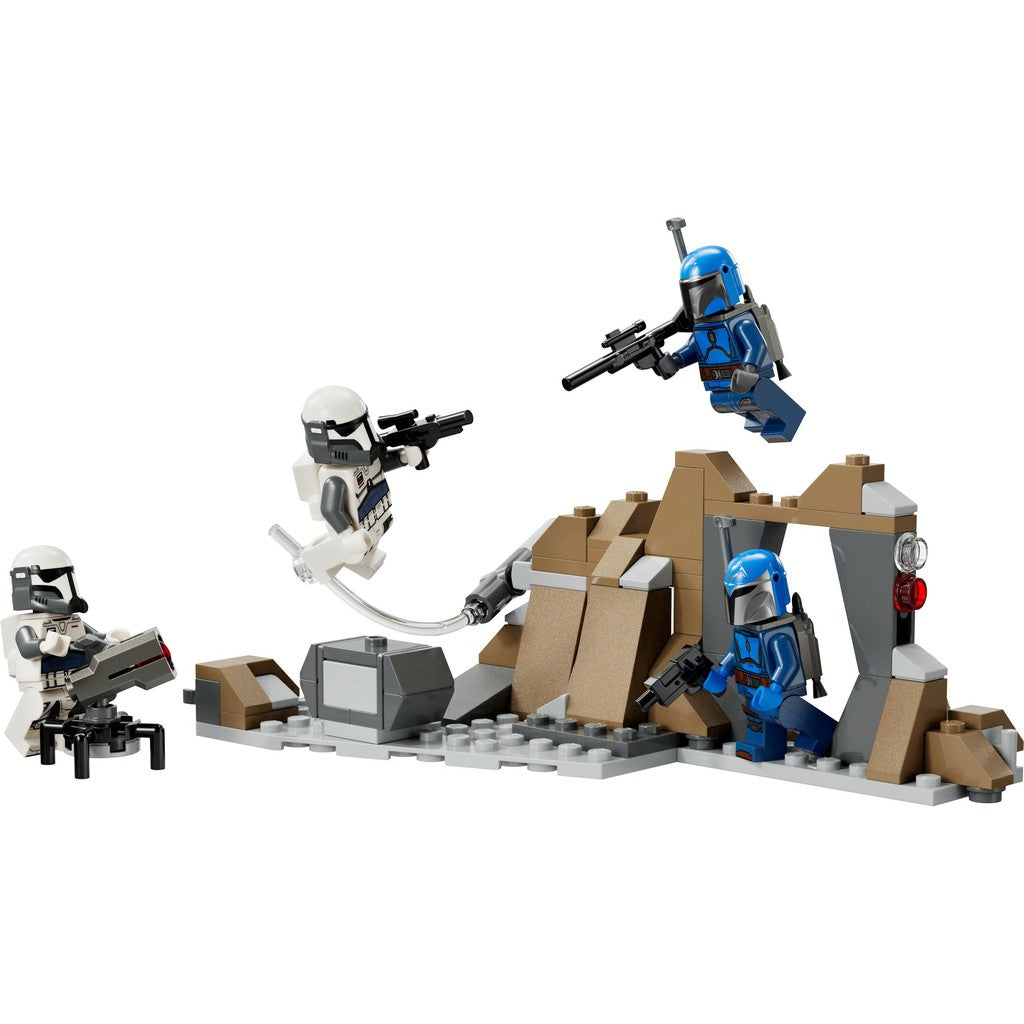 In an action-packed scene, LEGO Star Wars figures in blue and white armor engage in battle across rocky terrain, complete with accessories reminiscent of The Mandalorian universe.