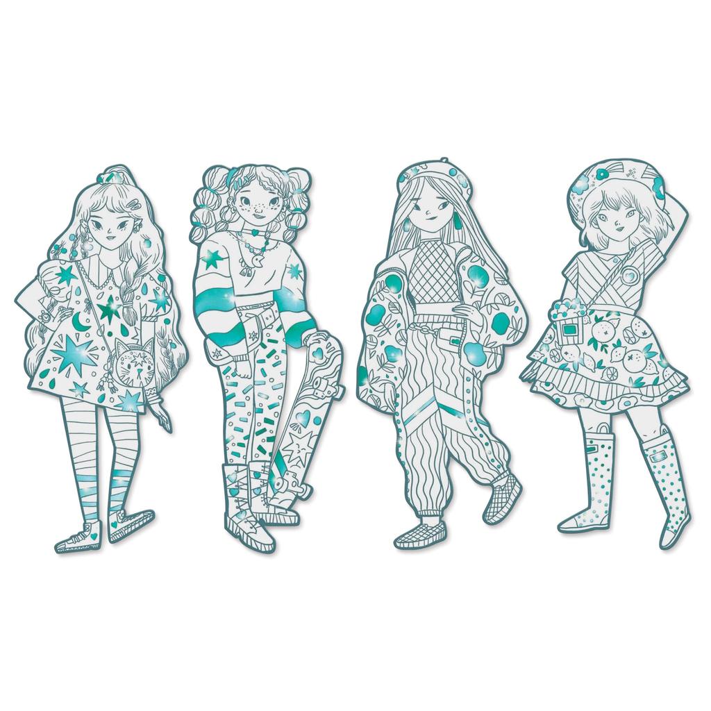 Illustrated figures of four girls in eclectic outfits, showcasing the playful essence of Djeco Les Demoiselles. Each displays unique fashion styles with patterns and accessories, all within a monochrome teal color scheme, resembling a vibrant Fashion Coloring Silhouettes creative project.