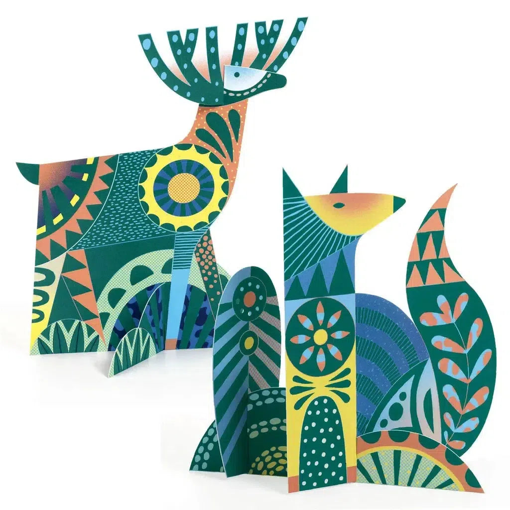 Colorful, geometric paper sculptures of an abstract deer and fox, adorned with intricate patterns and vibrant green, blue, orange, and yellow hues. Crafted akin to scratch cards using a wooden stylus for precision, each creation bursts with playful artistry.