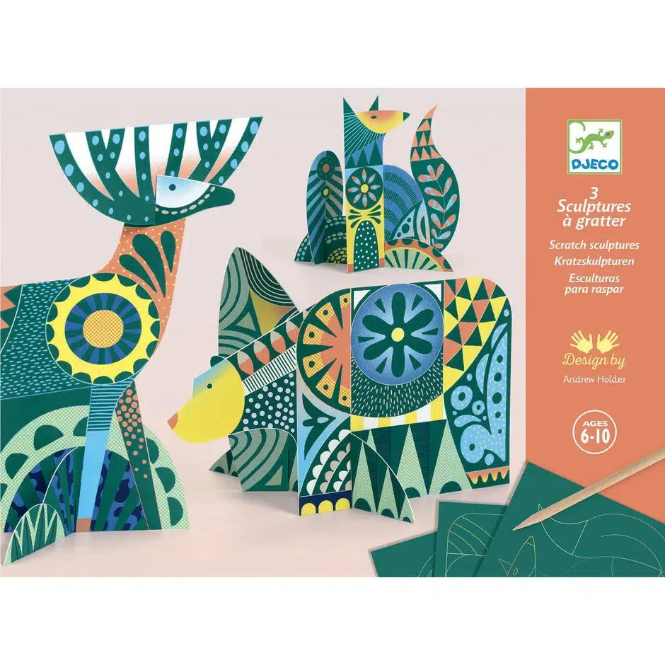 Colorful animal-shaped scratch sculptures with geometric patterns on a box cover for ages 6-10, featuring designs by Andrew Holder under the brand Djeco. Includes a wooden stylus for creating unique textures and intricate details.