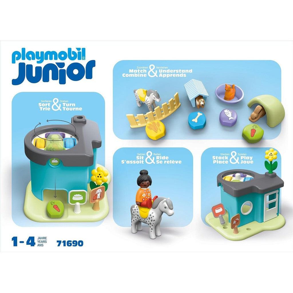 The Playmobil Junior toy set for ages 1-4 offers endless fun with sorting and matching features, including an animal home with blocks, figures, and a child riding a horse.