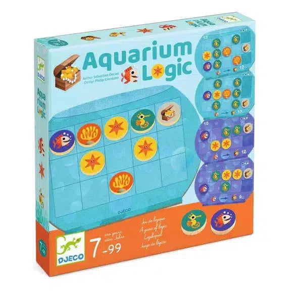 A colorful box of the Djeco game "Aquarium Logic," featuring fish, sea-themed puzzle pieces, and hidden treasures.