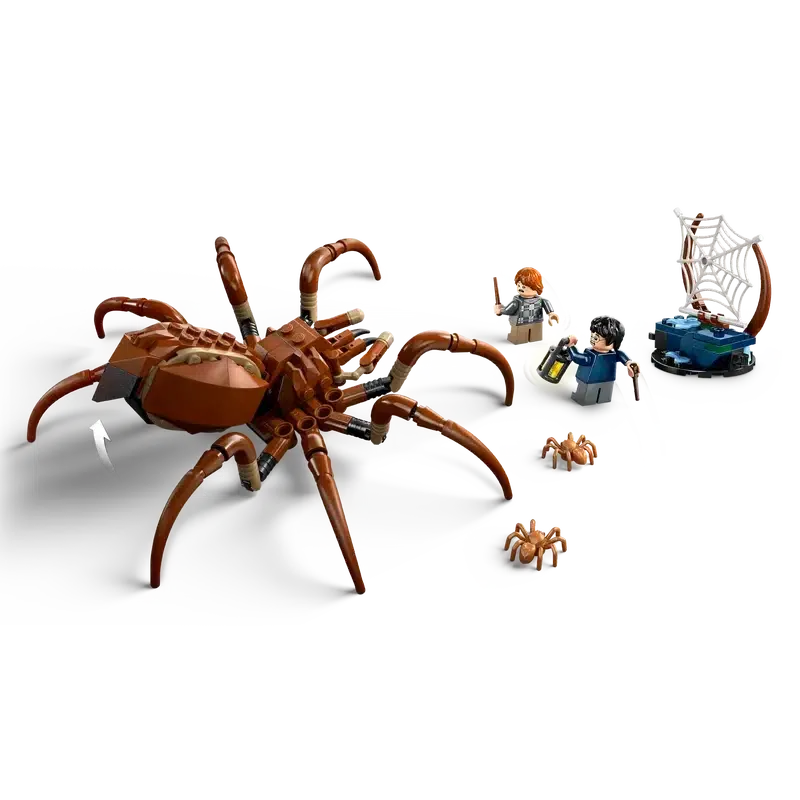 LEGO set inspired by Harry Potter, featuring a large brown spider from the Forbidden Forest, two small spiders, two figures with wands, a car, and a spider web.