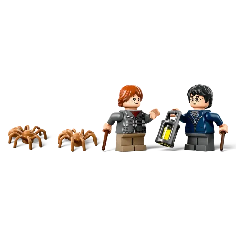 In a scene reminiscent of the Forbidden Forest, two LEGO figures, wands at the ready and one clutching a lantern, bravely confront two tiny LEGO spiders. Harry Potter magic meets iconic brick adventures in this enchanting encounter.