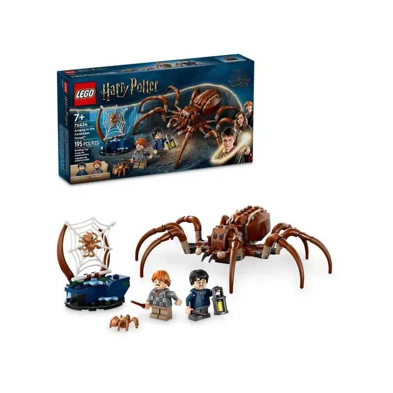 Discover the magical LEGO Harry Potter set inspired by the Forbidden Forest, featuring a large spider, two minifigures, and a small spider. The box in the background displays set number 76415 and an age recommendation of 7+. Perfect for young wizards ready for adventure!.