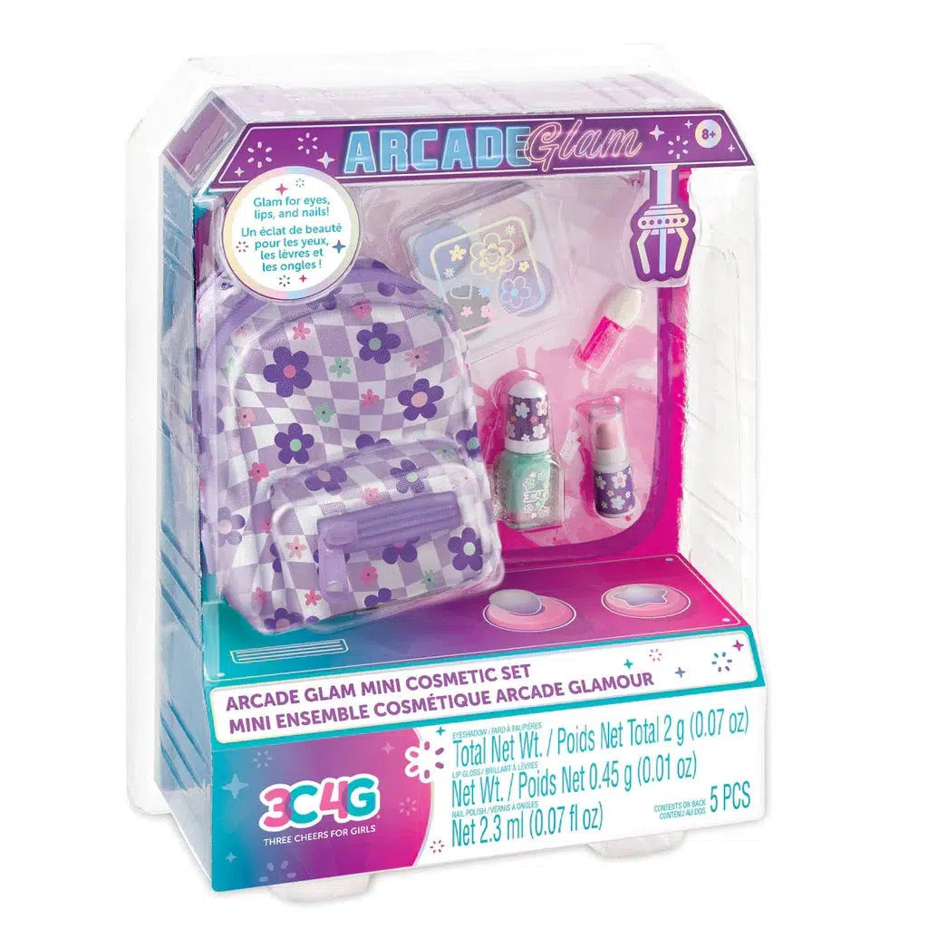 The "Arcade Glam Mini Cosmetic Set" is a delightful toy for ages 8 and up, featuring a purple flower and check-patterned bag filled with nail polish, stickers, and lip glosses.