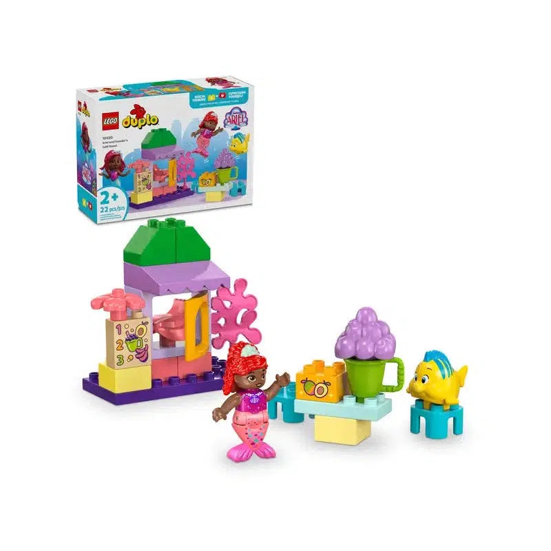 This LEGO DUPLO educational toddler set features a charming mermaid figure, a vibrant yellow fish, and a colorful ice cream stand. With 22 buildable toys marked "2+" in the background, it's perfect for sparking creativity and imaginative play.