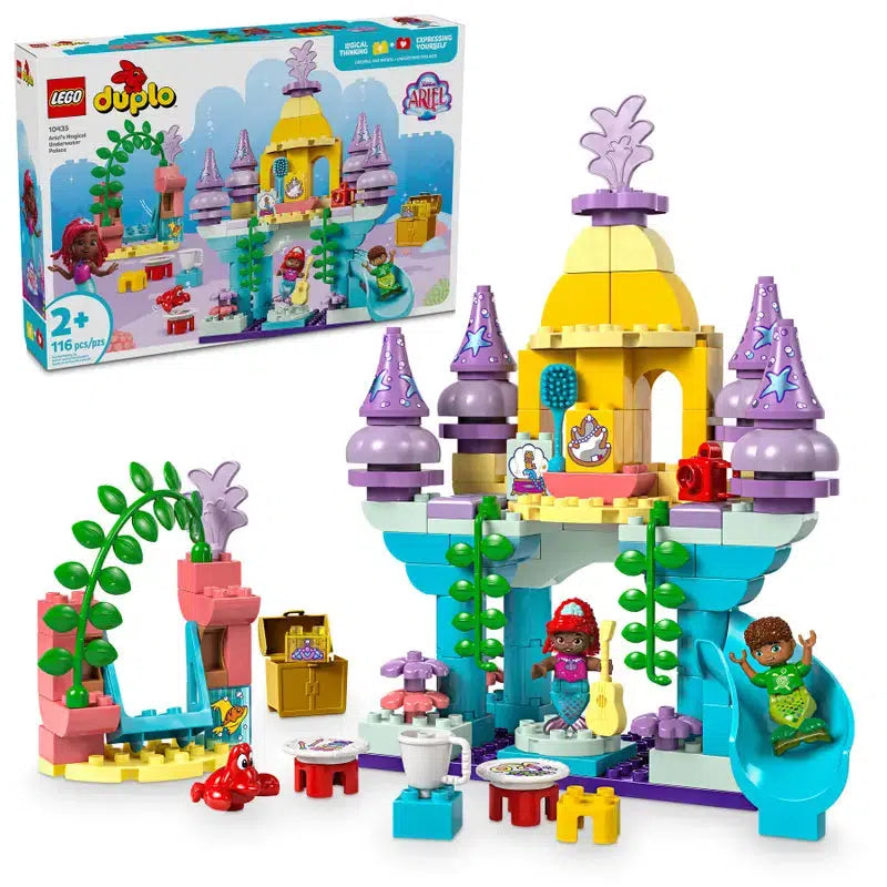 Perfect for Little Mermaid fans, this LEGO DUPLO set features a vibrant mermaid castle with two child figurines, a fun slide, and enchanting sea-themed details. The colorful toddler toy comes complete with engaging elements that spark creativity along with the product packaging.