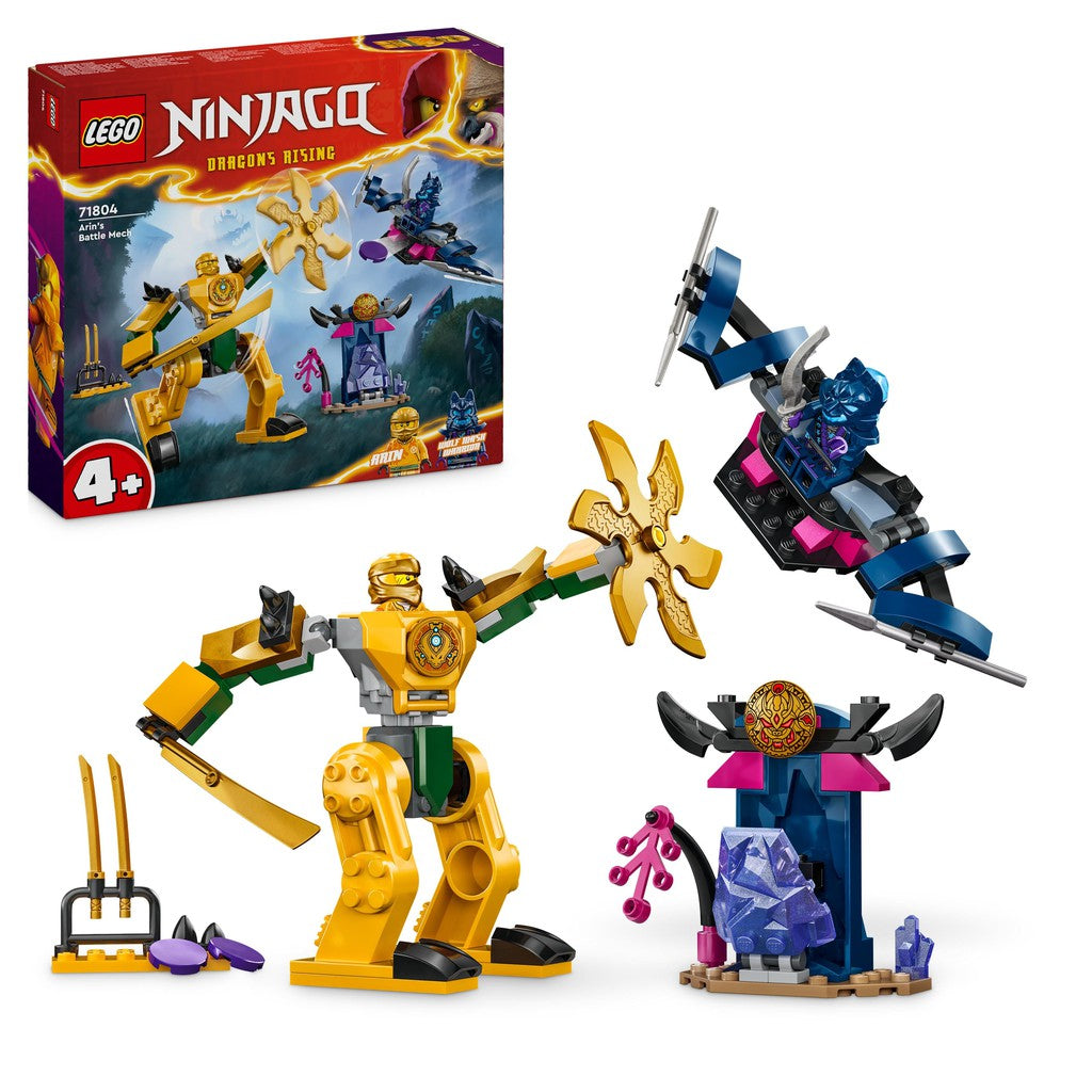 arins battle mech is a bright yellow mech with a ninja sword and shuriken shield.