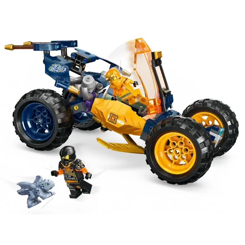 This Ninja playset features an Off-Road Buggy Car with large wheels and a translucent orange windshield. Accompanied by two adventurous minifigures and a small flying creature, it's perfect for thrilling escapades.