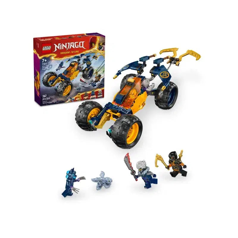 This Ninja playset showcases a dragon-themed vehicle and Off-Road Buggy Car, accompanied by three minifigures and accessories, all displayed in front of the packaging box.