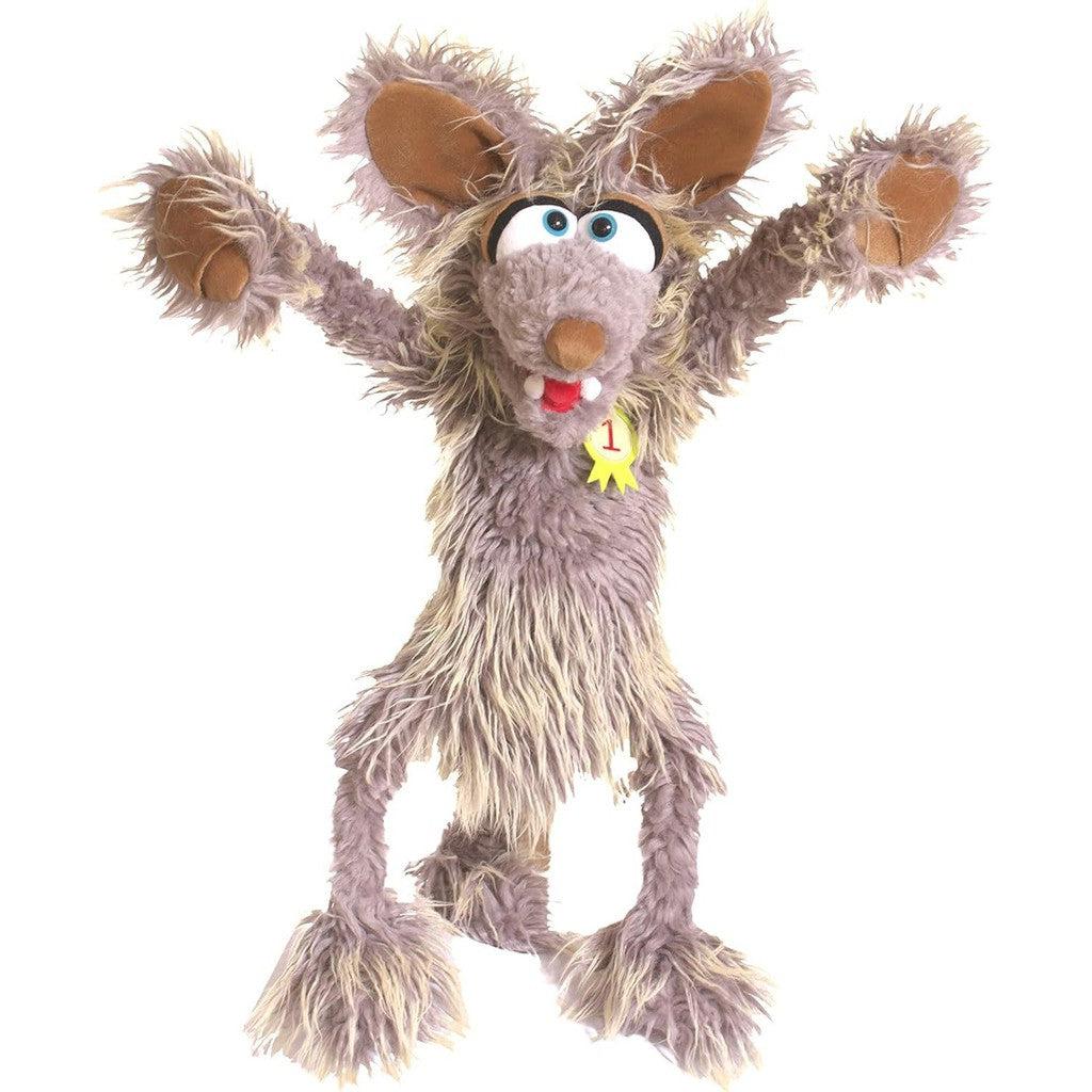 this image shows artie the cyotte. Artie has matted fur and very wide eyes. the featurs on this puppet make Artie look like a rat almost.