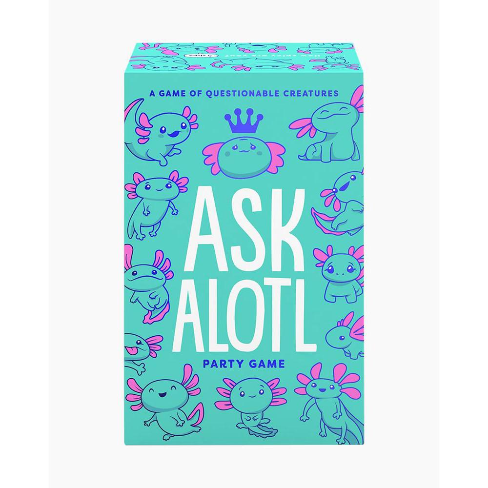 Box of "Ask Alotl" party game featuring illustrations of cute axolotls on a teal background, filled with fun questions for everyone to enjoy.