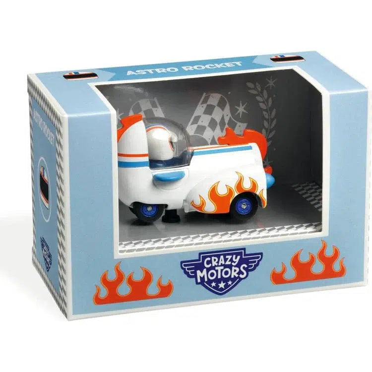 The "Astro Rocket" toy car zooms into action with its imaginative design, featuring metallic paint and a clear dome. Packaged in a box adorned with flame designs and racing-themed graphics, this space car is ready to race through galaxies and spark endless adventures.