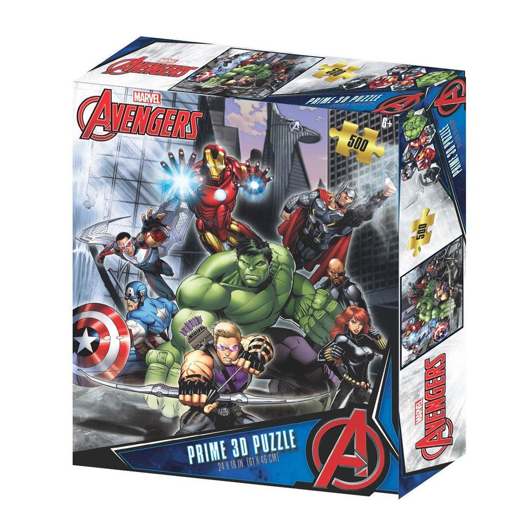 Box of a 500-piece Avengers Marvel 3D puzzle by Prime 3D Ltd, showcasing iconic characters like Iron Man, Hulk, and Thor on the front.