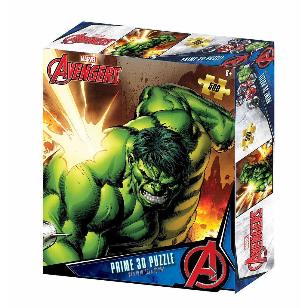 Box of an Avengers Prime 3D puzzle showcasing a dynamic illustration of The Hulk, the muscular green powerhouse from Marvel, in mid-action.