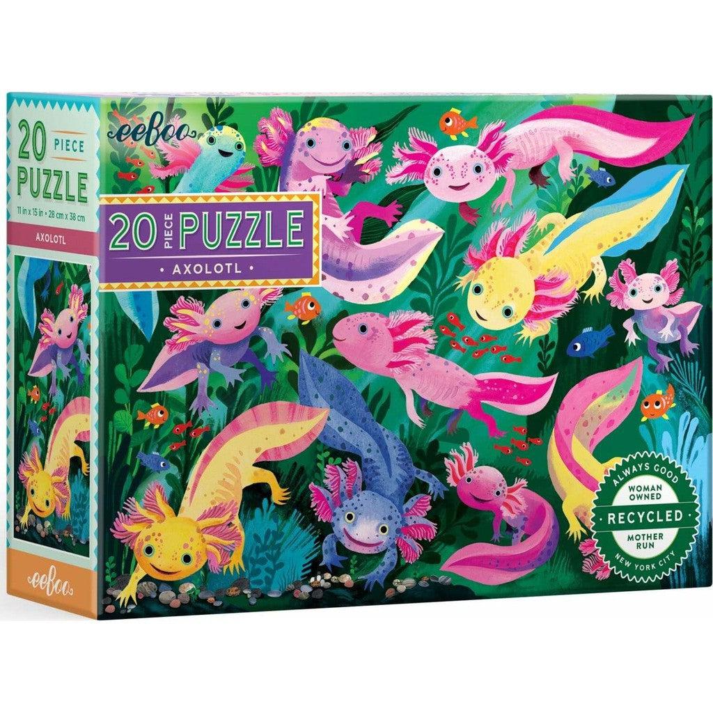 Colorful axolotl-themed 20-piece puzzle box with jumbo-sized pieces, featuring illustrations of pink, yellow, and blue axolotls swimming among plants by eeBoo. Perfect for developing fine motor skills and hand-eye coordination.