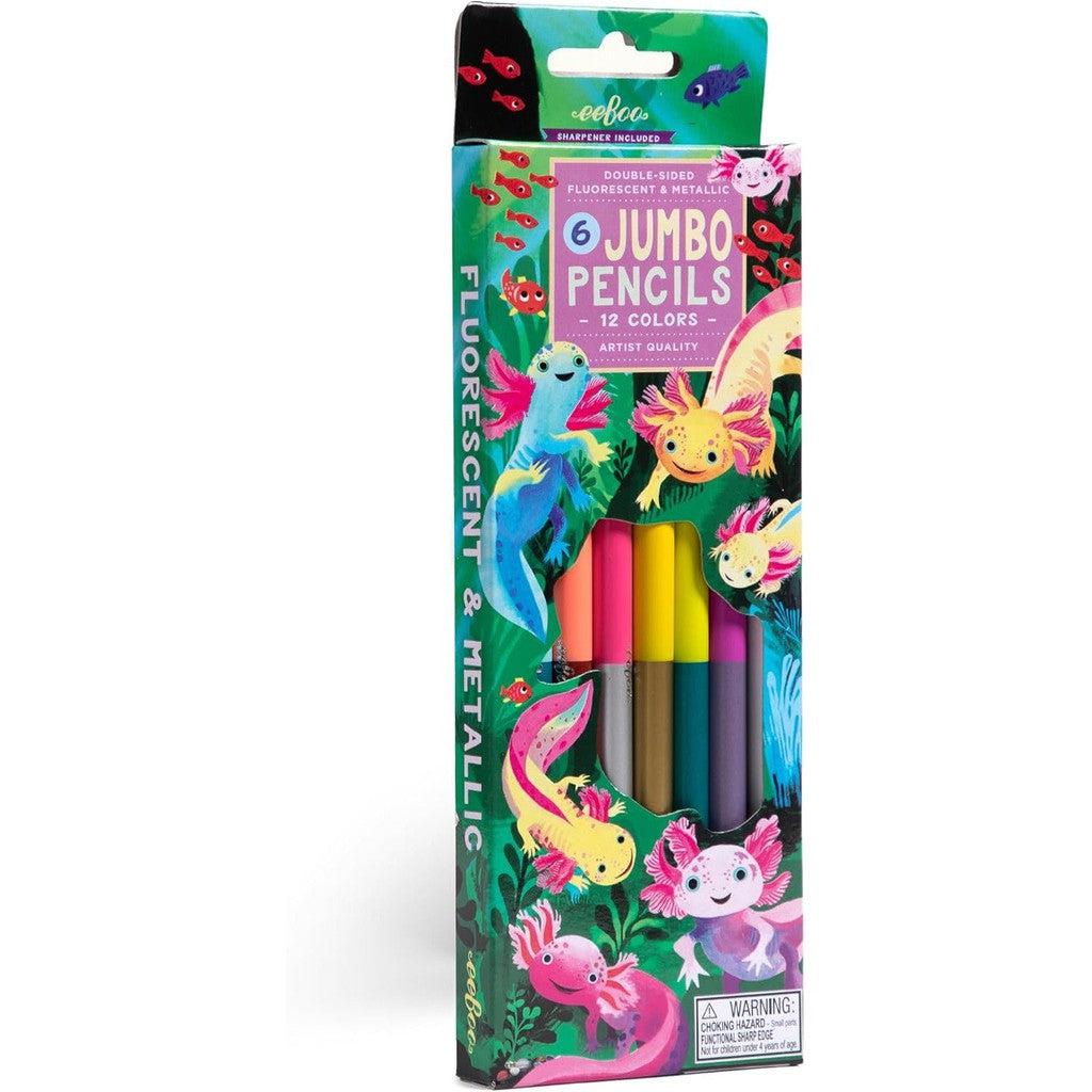 Box of jumbo colored pencils with 12 vibrant fluorescent and metallic shades, ideal for any art supplies collection. The packaging is adorned with whimsical axolotl illustrations that add a touch of creativity to your artistic journey.