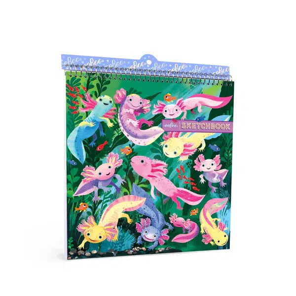 Colorful axolotl-themed sketchbook with vibrant illustrations of axolotls on the cover and a sturdy spiral binding, crafted from sustainably sourced materials.