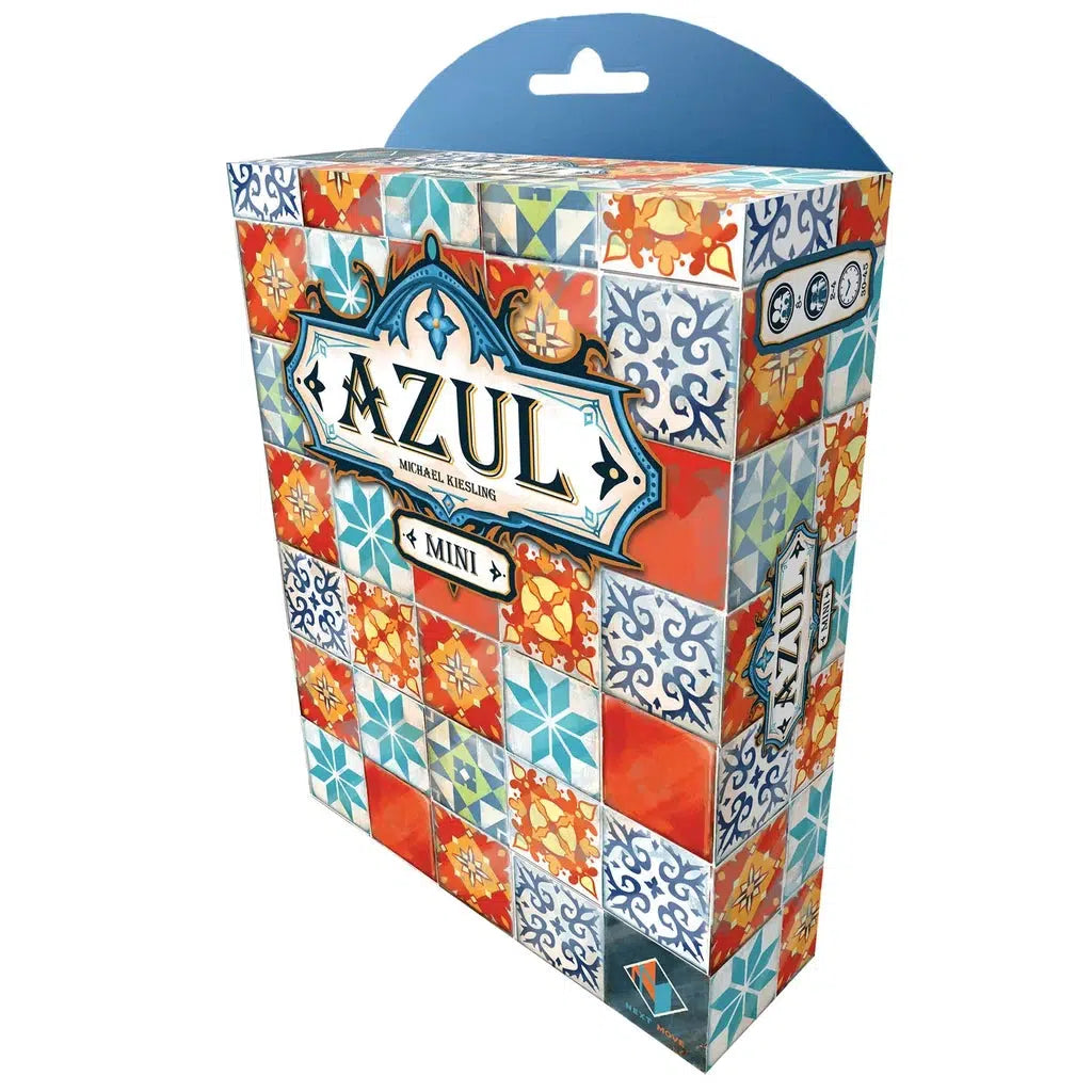 Box of the Azul Mini board game, featuring colorful tile patterns on the packaging, with indented plastic trays for easy organization in this portable board game version.