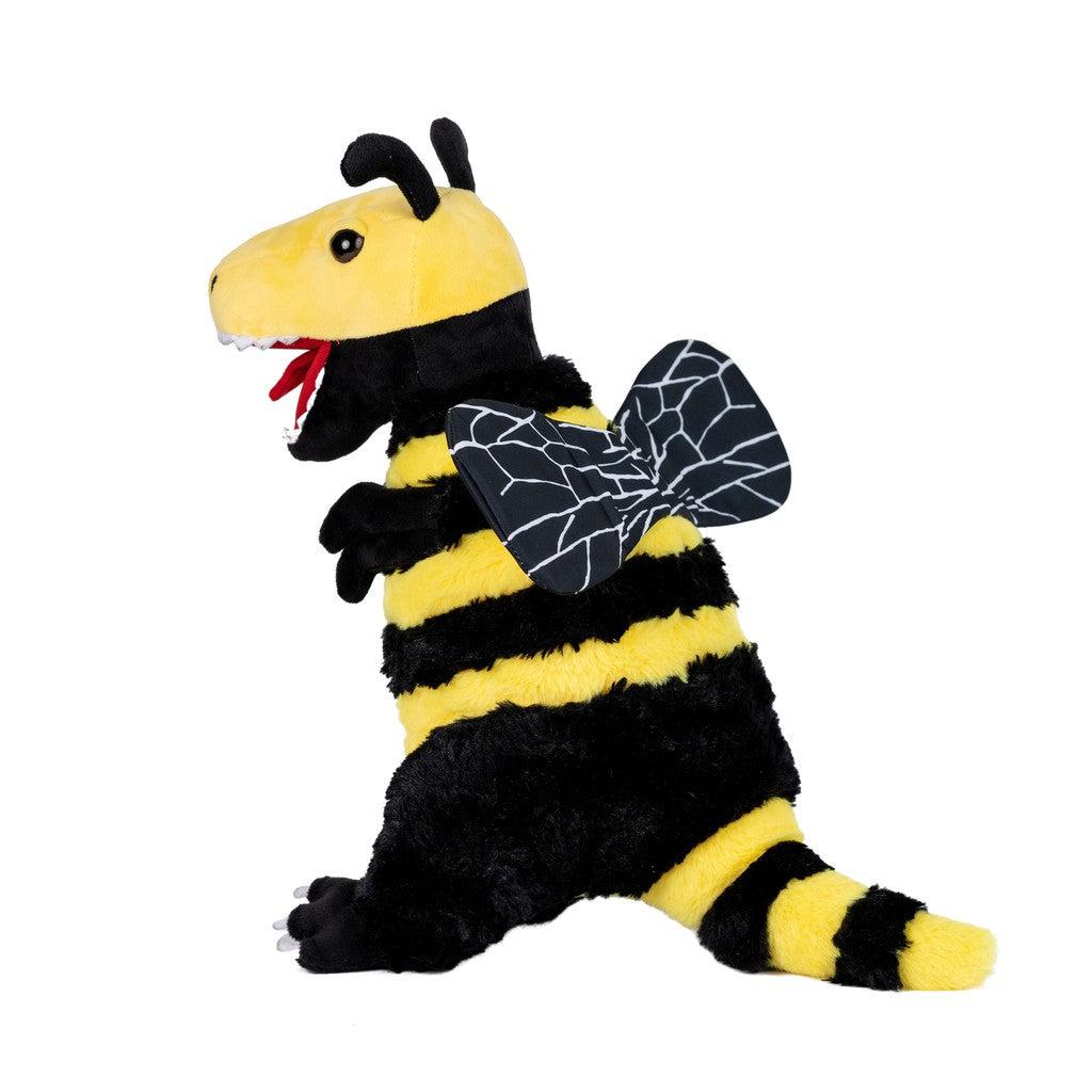 A plush toy depicting a charming Randimals hybrid animal, it features a dinosaur with bee stripes and wings, standing upright on a white background.