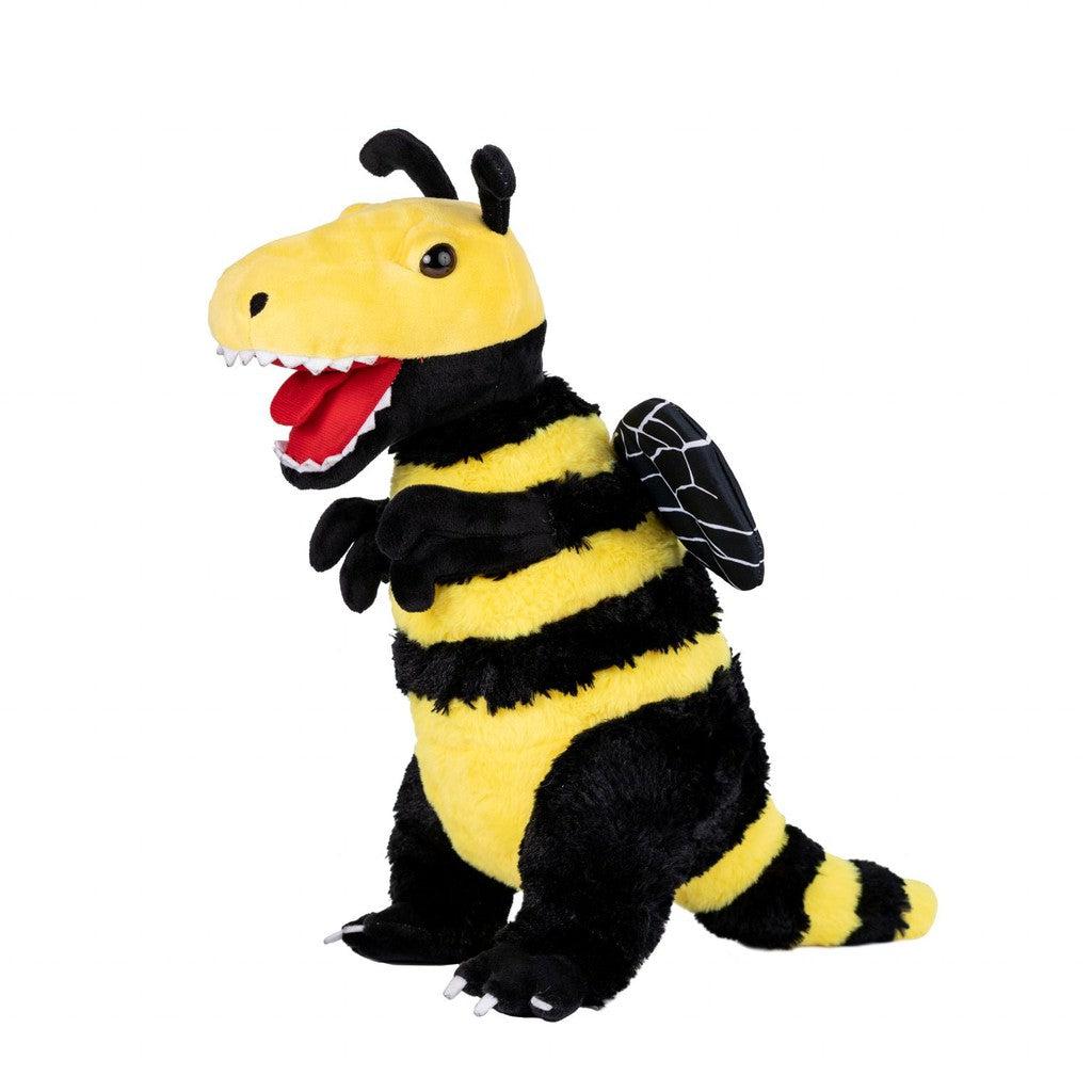 Introducing the Randimals plush toy: a delightful hybrid animal combining a dinosaur and a bee, complete with black and yellow stripes, wings, small arms, and a large open mouth.