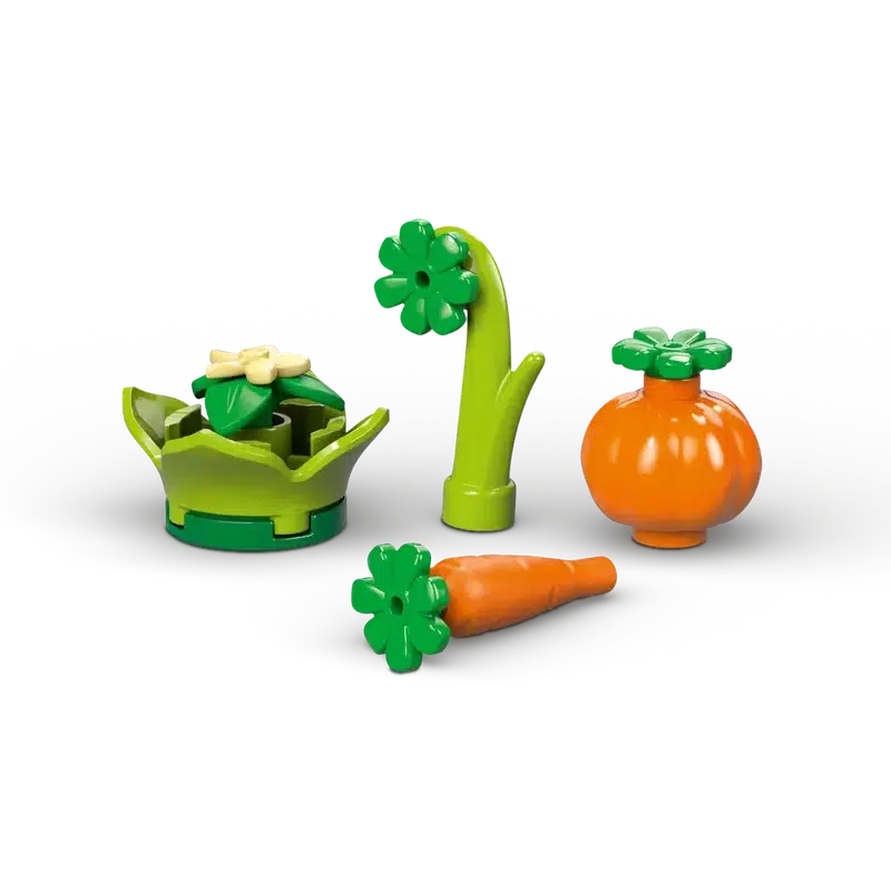 Plastic toy pieces shaped like a green flower, green plant, orange pumpkin, and orange carrot on a black background evoke a playful scene fit for any imaginative LEGO adventure.