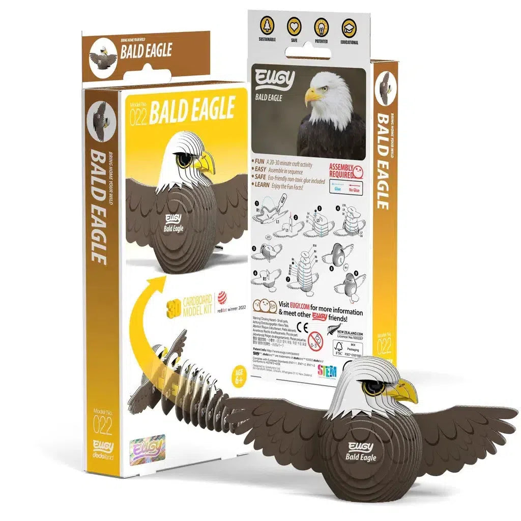 EUGY's cardboard model kit of a bald eagle features striking packaging with an eagle illustration. This 3D puzzle includes assembly instructions and educational content, making it both an engaging and informative experience.