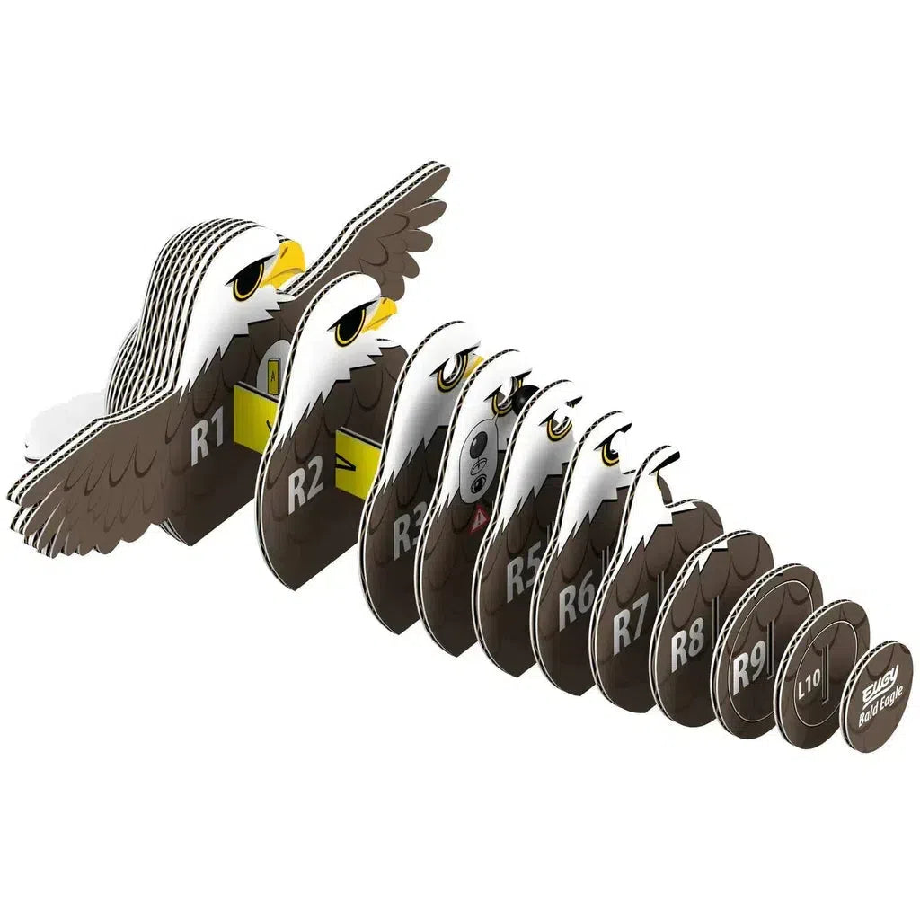 A set of ten eco-friendly nesting eagle head figures with wings, labeled R1 to R10, displayed in descending size order. This unique 3D puzzle promotes STEM concepts while offering a visually striking arrangement.