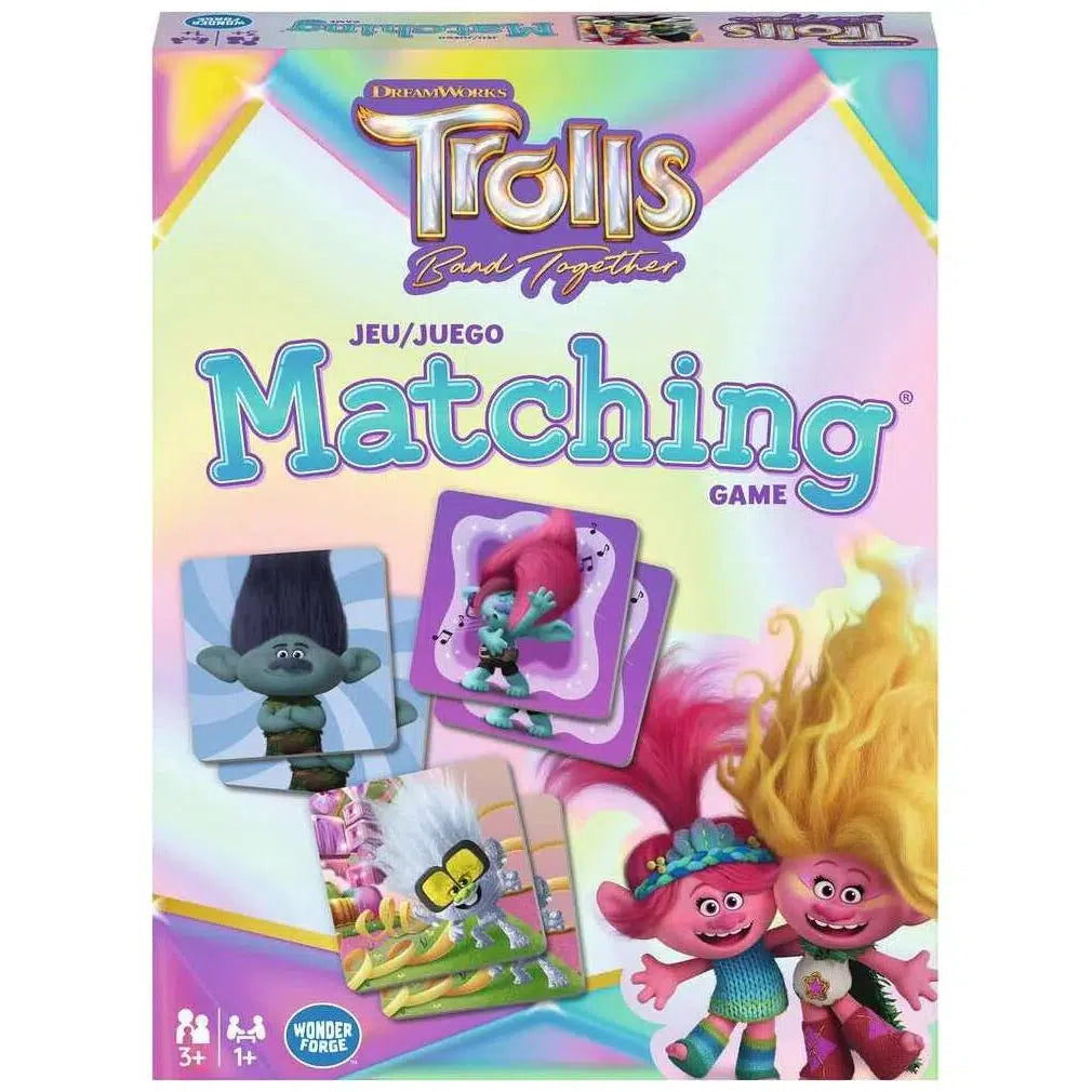 The Trolls-themed "Wonder Forge Trolls 3 Matching Game" box features colorful illustrations, showcasing favorite characters with a holographic design. 